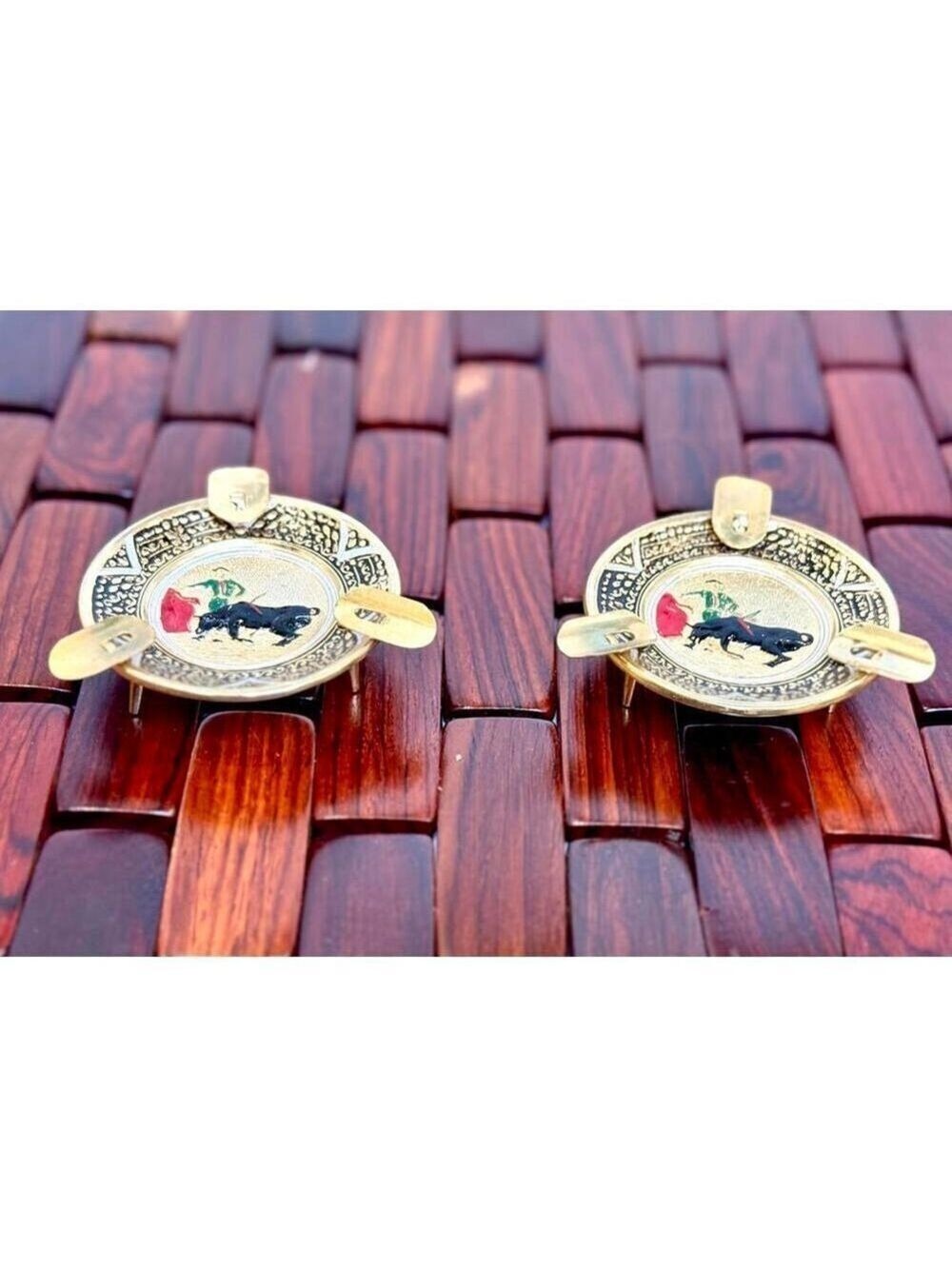 Set of 2 Vintage Spanish Brass Ashtrays with Hand Painted Enamel Bullfight Scene